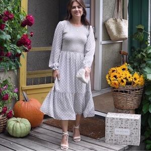 Jillian Harris+Mad About Style Grace Midi Dress Size Medium NWT beige polkadot